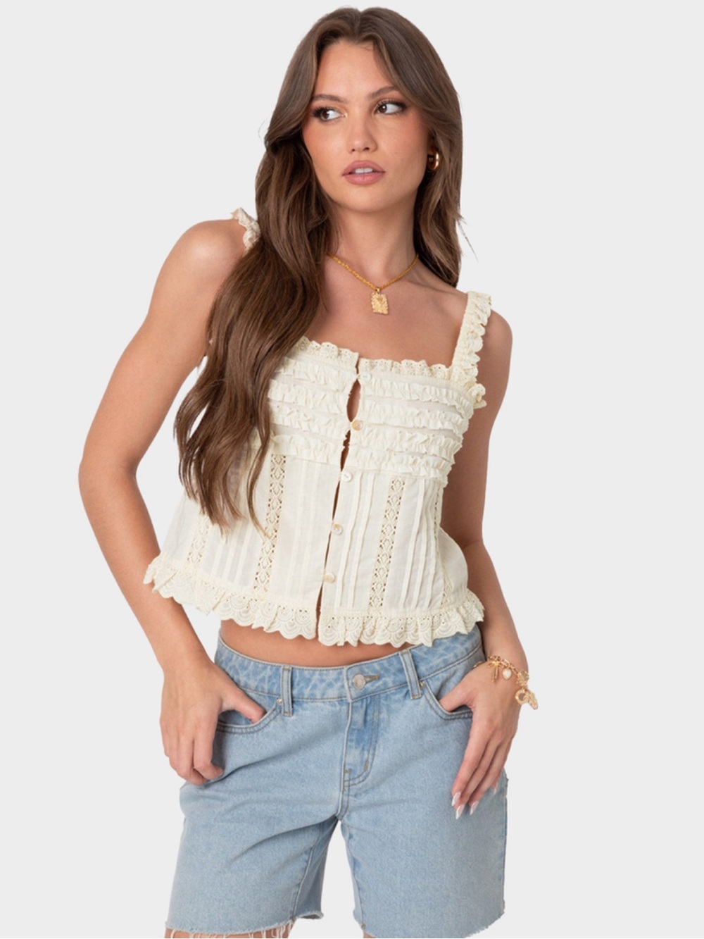EDIKTED Hera Button Front Ruffled Top